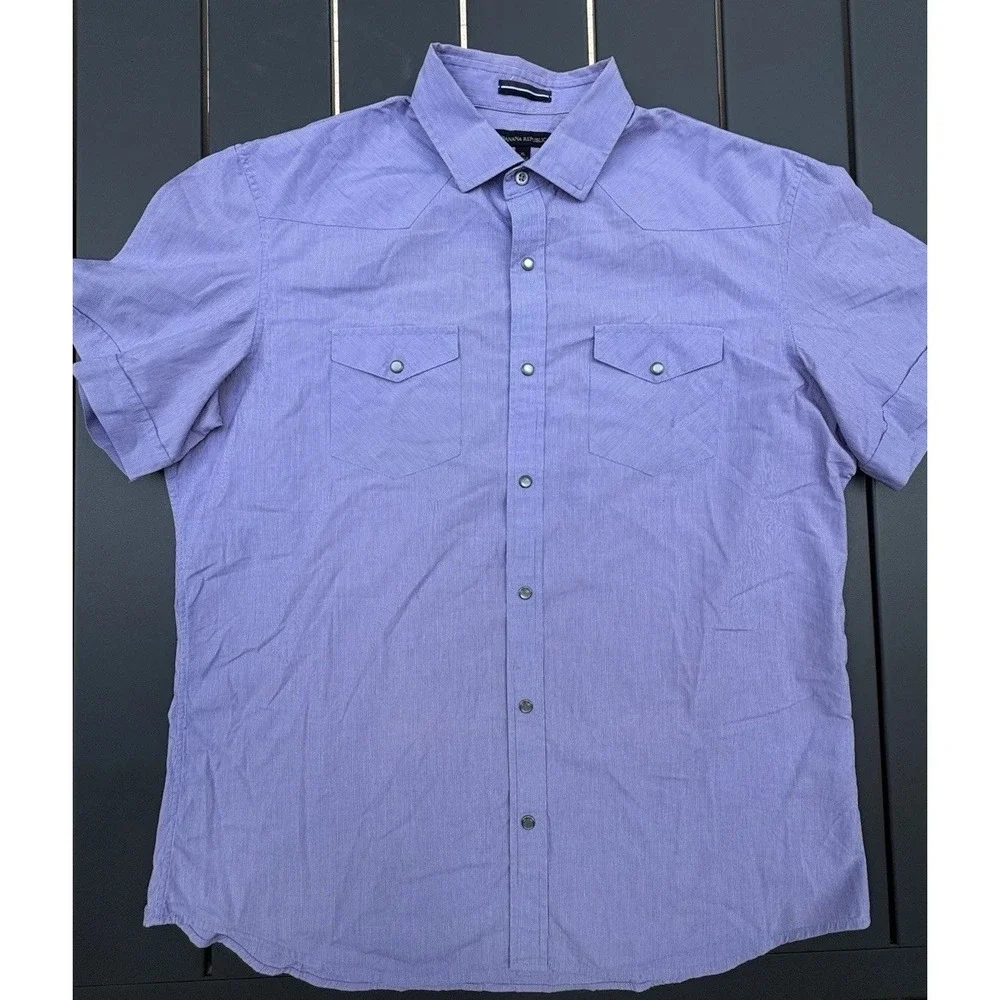 Banana Republic Mens XL Pearl Snap Shirt Purple Striped Short Sleeve Western